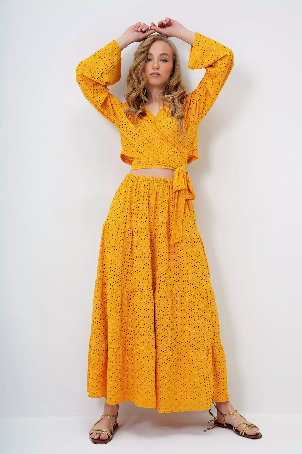 Women's Mustard Yellow Katkat Flounce Guipure Premium Skirt Alc-X14141