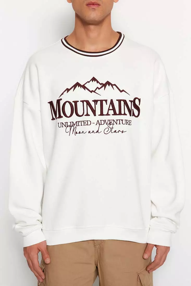 Stripe Neckline with Embroidered Text, Fleece Inside Sweatshirt
