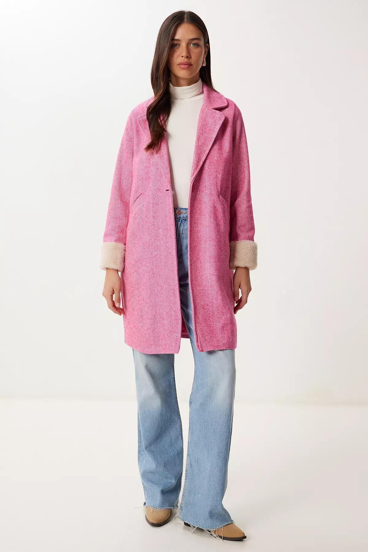 Women's Green Double Breasted Collar Fur Cashmere Coat Dd01367