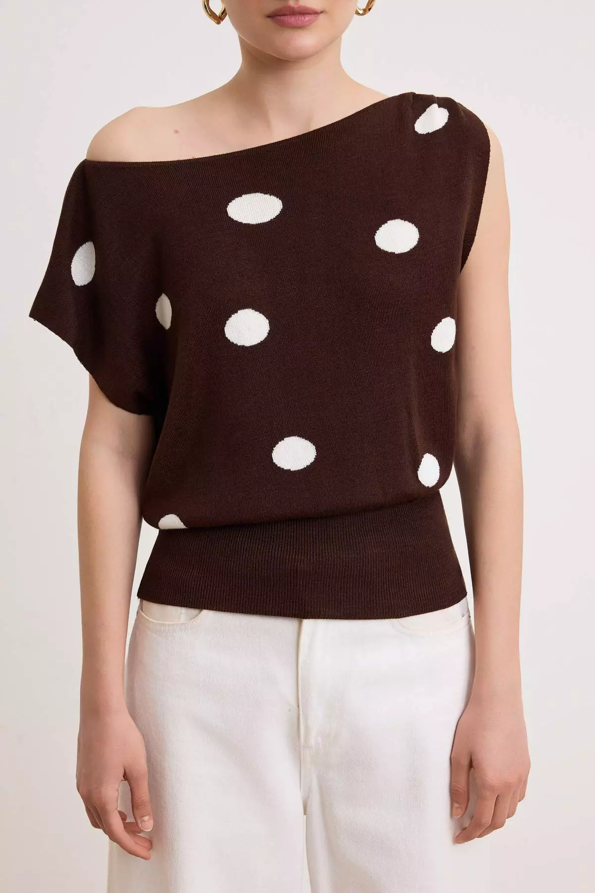 Brown Polka Dot Summer Special Yarn Boat Neck Waist Fitted Knitwear Blouse Twoss26Bz00313