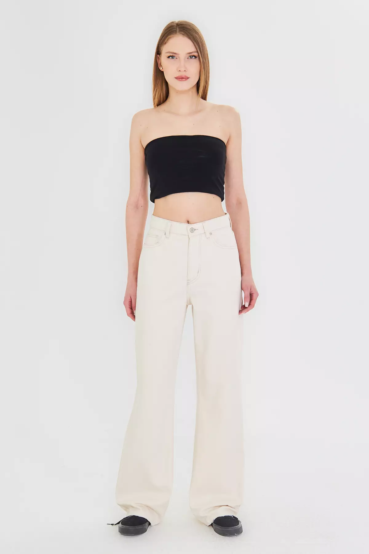 Ecru Cut-Off High Waist Straight Jeans TWOAW25JE00378