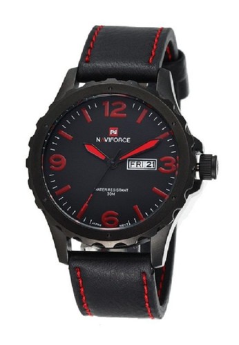 Naviforce - Jam Tangan Pria - Hitam-Merah - Strap Leather - NF9039