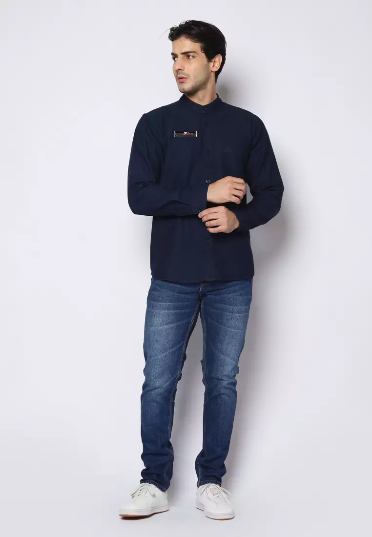 Kemeja Denim Glorys Krah Mandarin KT L/S Navy Blue 182502