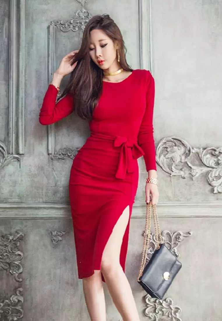 F W Red Long Sleeves Side Slit One Piece Dress UA101902R