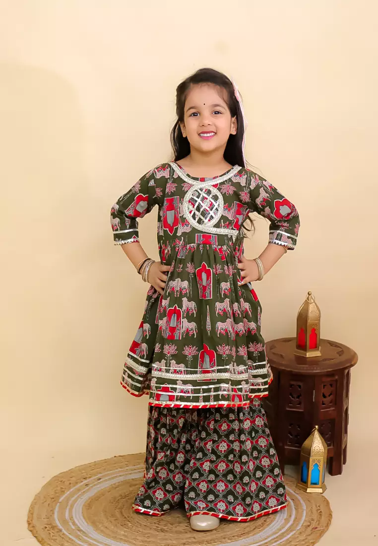 The Mom Store Girls Madhu Mala Anarkali Kurta Sharara Set - Green