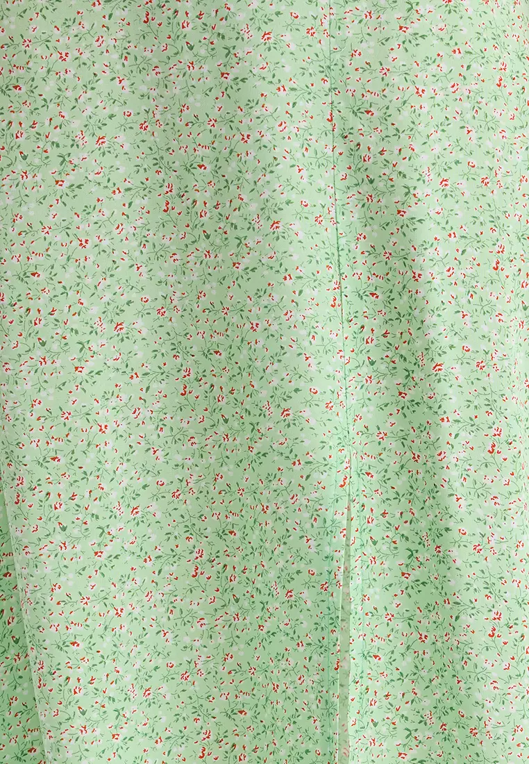 Light Green Slit Detail Fabric Floral Patterned Midi Woven Skirt