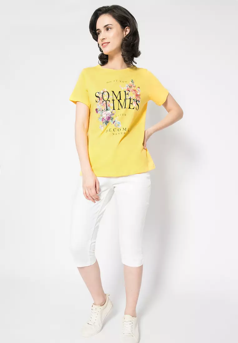 LGS - Kaos Wanita - Lengan Pendek - Motif Sablon Bunga - Warna Kuning - LTS.555.Q1080.013.C