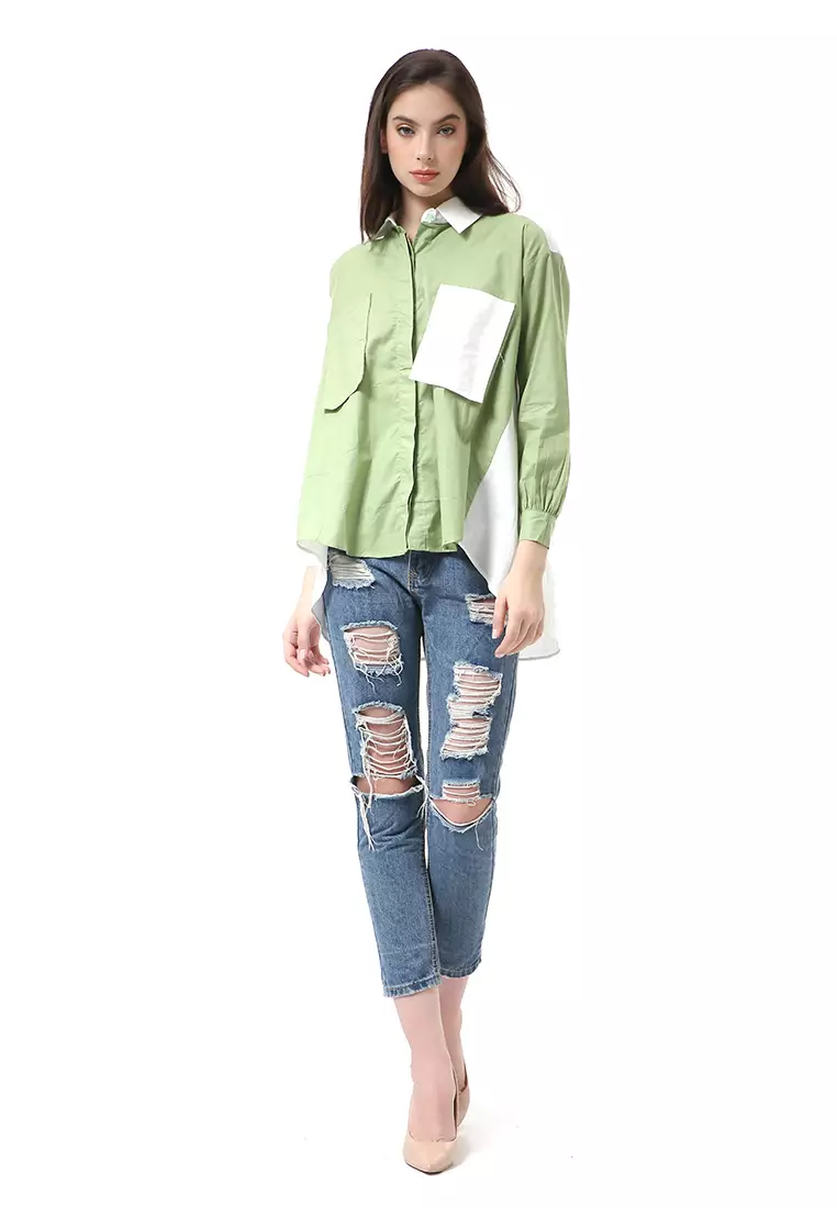 Brielle Atasan Wanita Kemeja Lengan Panjang Model Dua Warna Shirt Two Tone Material Cotton ORIGINAL - Mint White