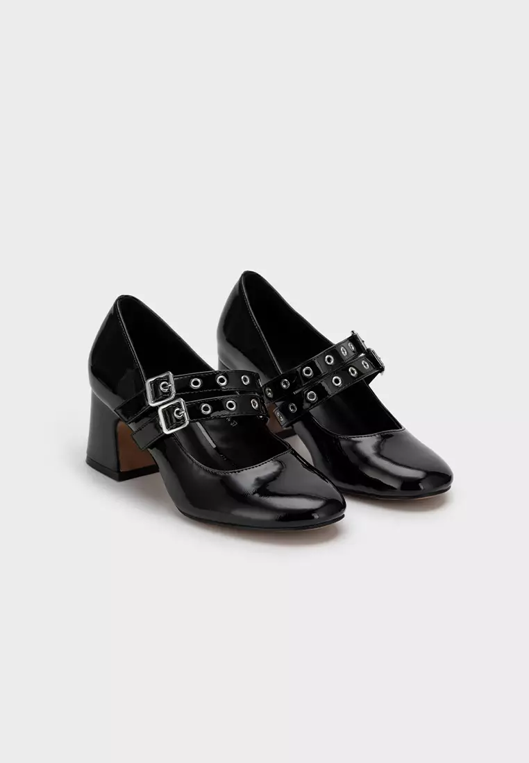 PATENT DOUBLE BUCKLE MARY JANE BLOCK HEEL PUMPS 饰扣圆頭粗跟鞋