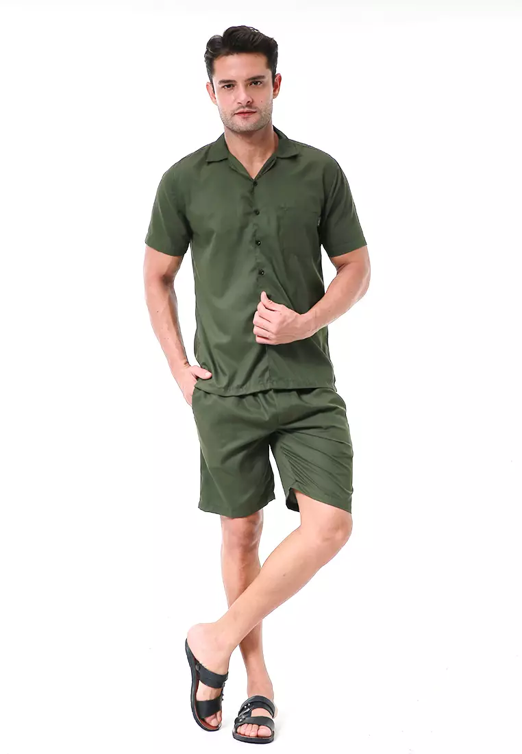 Deon Piyama Pria Plain Motive Kemeja One Set Lengan Pendek Material Cotton ORIGINAL - Army