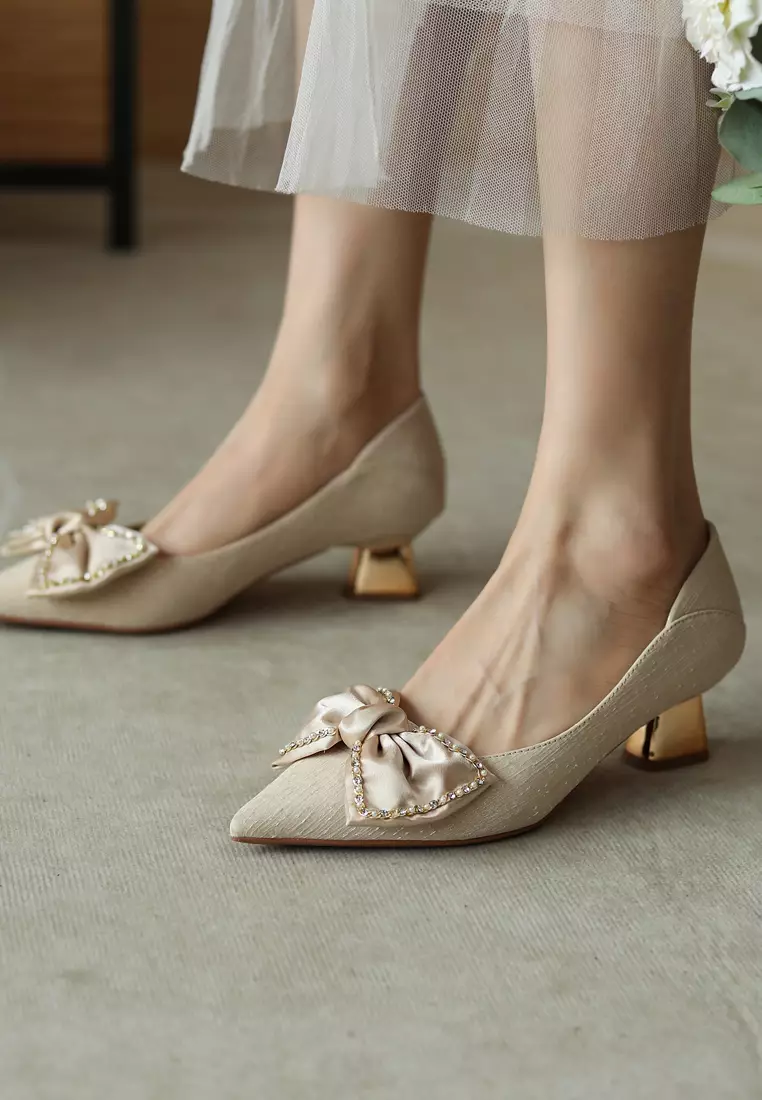 5CM Rhinestones Bow Pointy Mid Heel Shoes XJ568-15