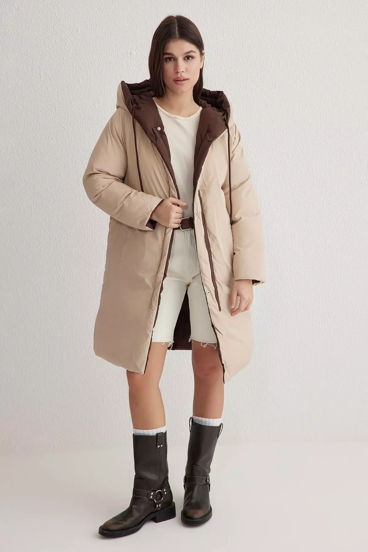 Dark Brown-Ecru Double-Sided Hooded Water Repellent Long Puffer Jacket TWOAW23MO00052