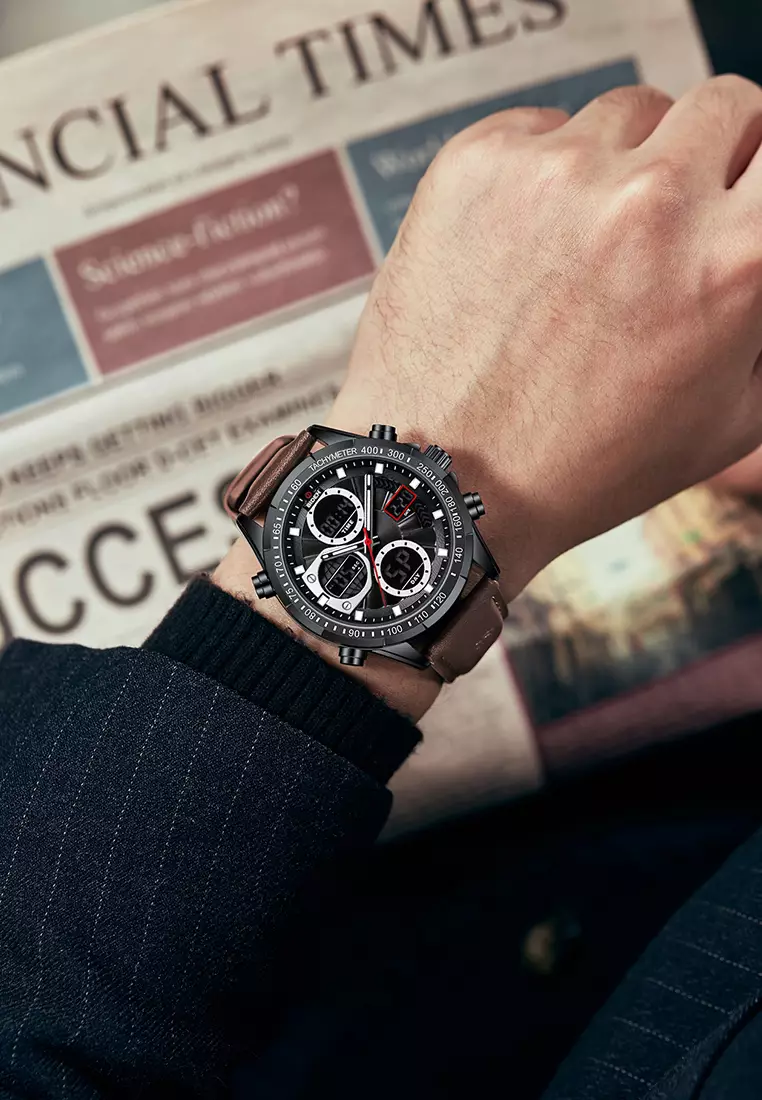 Jam Tangan Pria Original Multifungsi Analog&Digital Tali Kulit Olahraga Anti Air Jam Tangan Cowok Brownblack