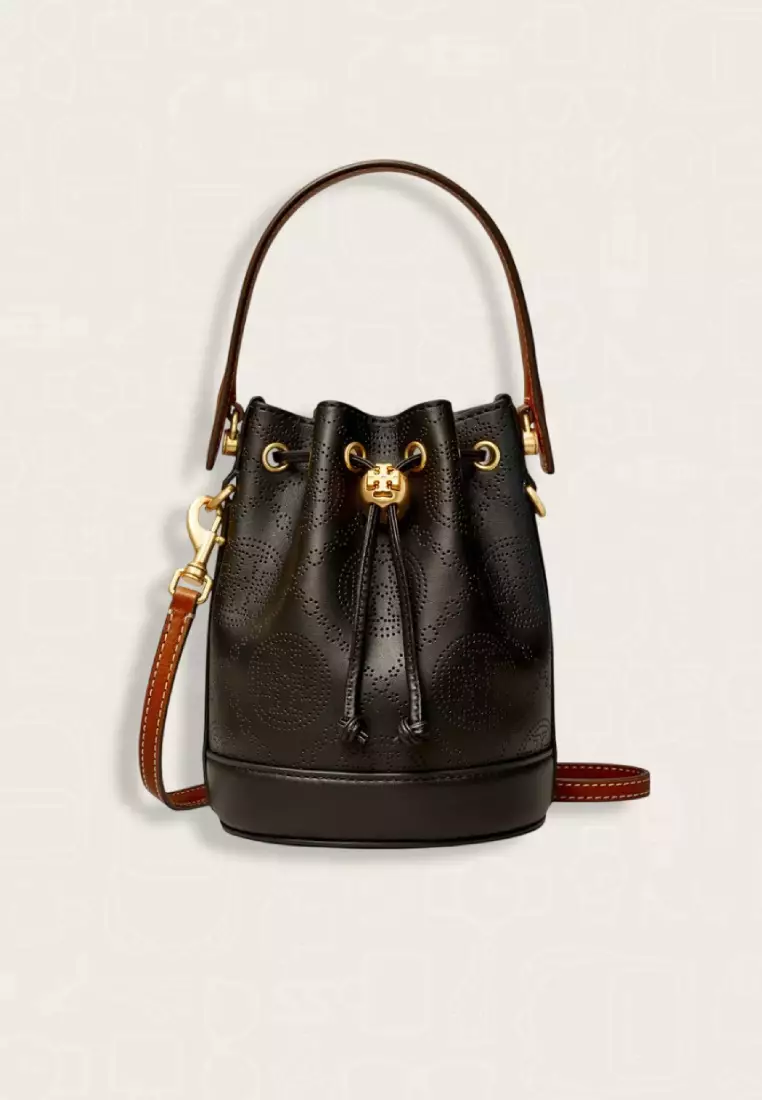 Tory Burch T Monogram Perforated Leather Mini Bucket Bag Black