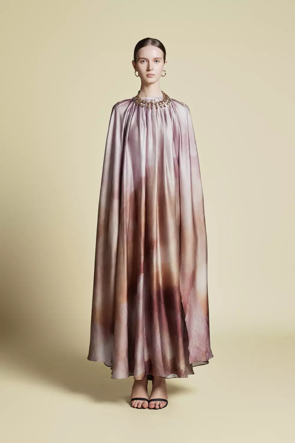 Demure Signature - Cape Kaftan in Italian silk Twill Abstract Brown - Dress