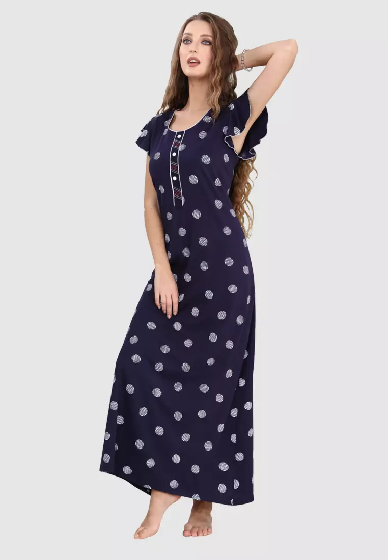 Long Cap Sleeeve Printed Pure Cotton Nighty