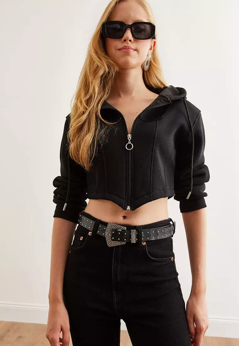 Olalook Black Corset Detailed Hooded Raised Crop Sweatshirt 2025