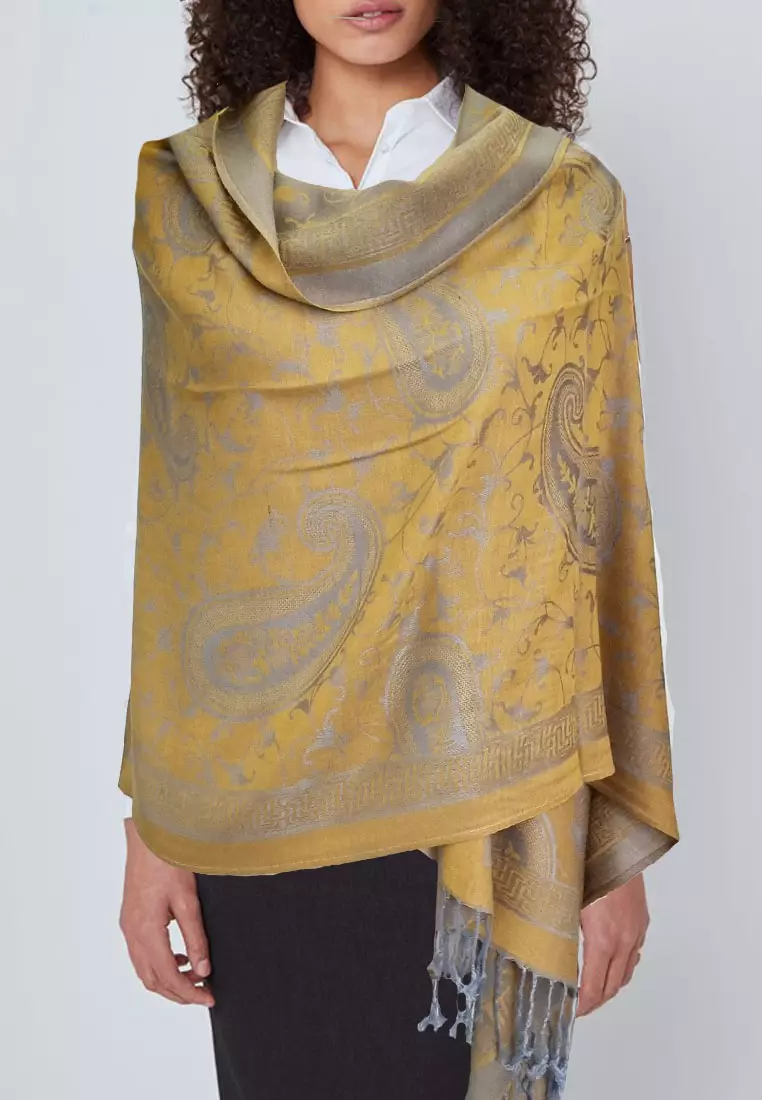 Reversible Viscose Paisley Pattern Pashmina Shawl Syal Wanita Mustard & Denim Blue