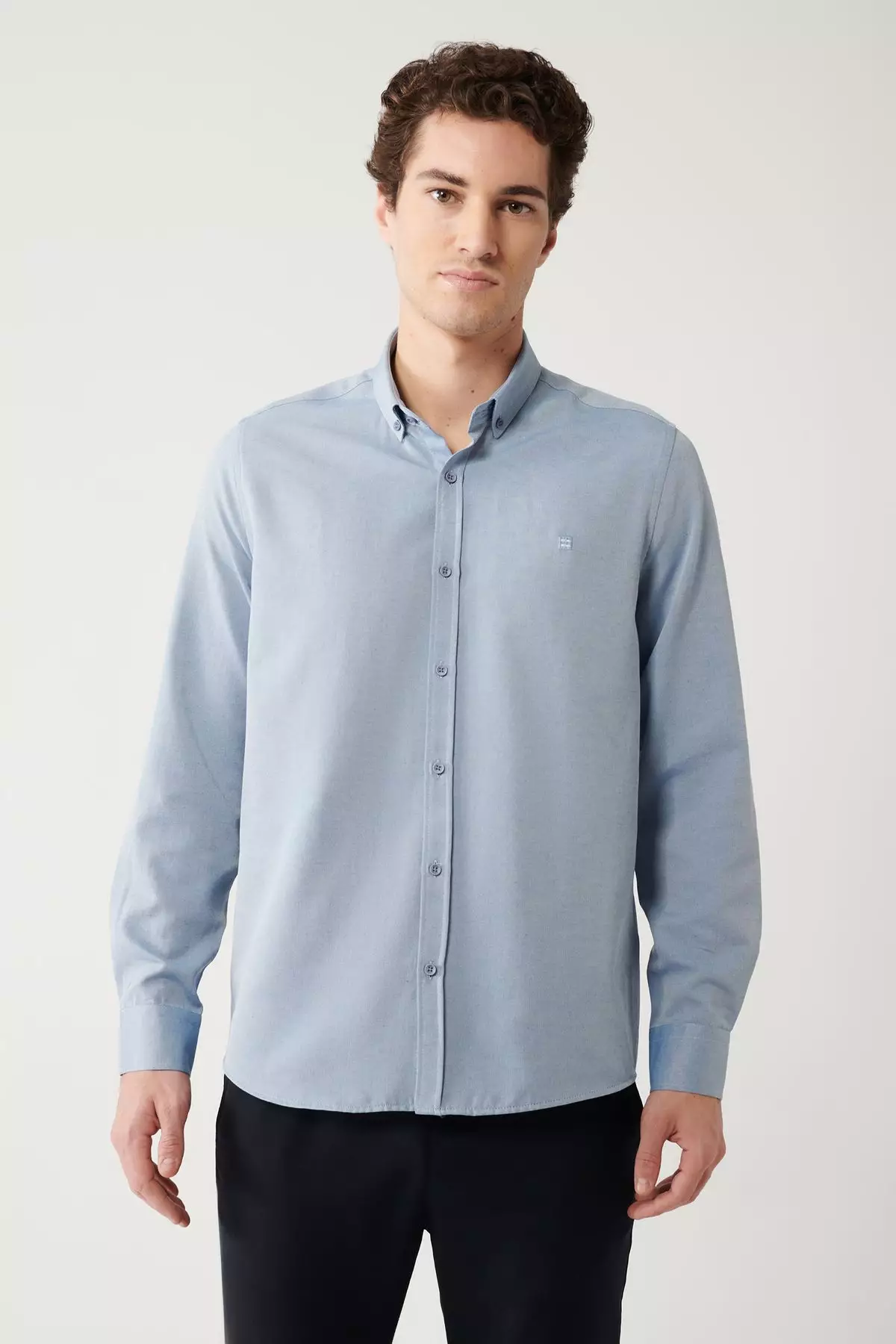 Men's Dark Blue Button-Down Collar Easy Iron Cotton Oxford Shirt E002000