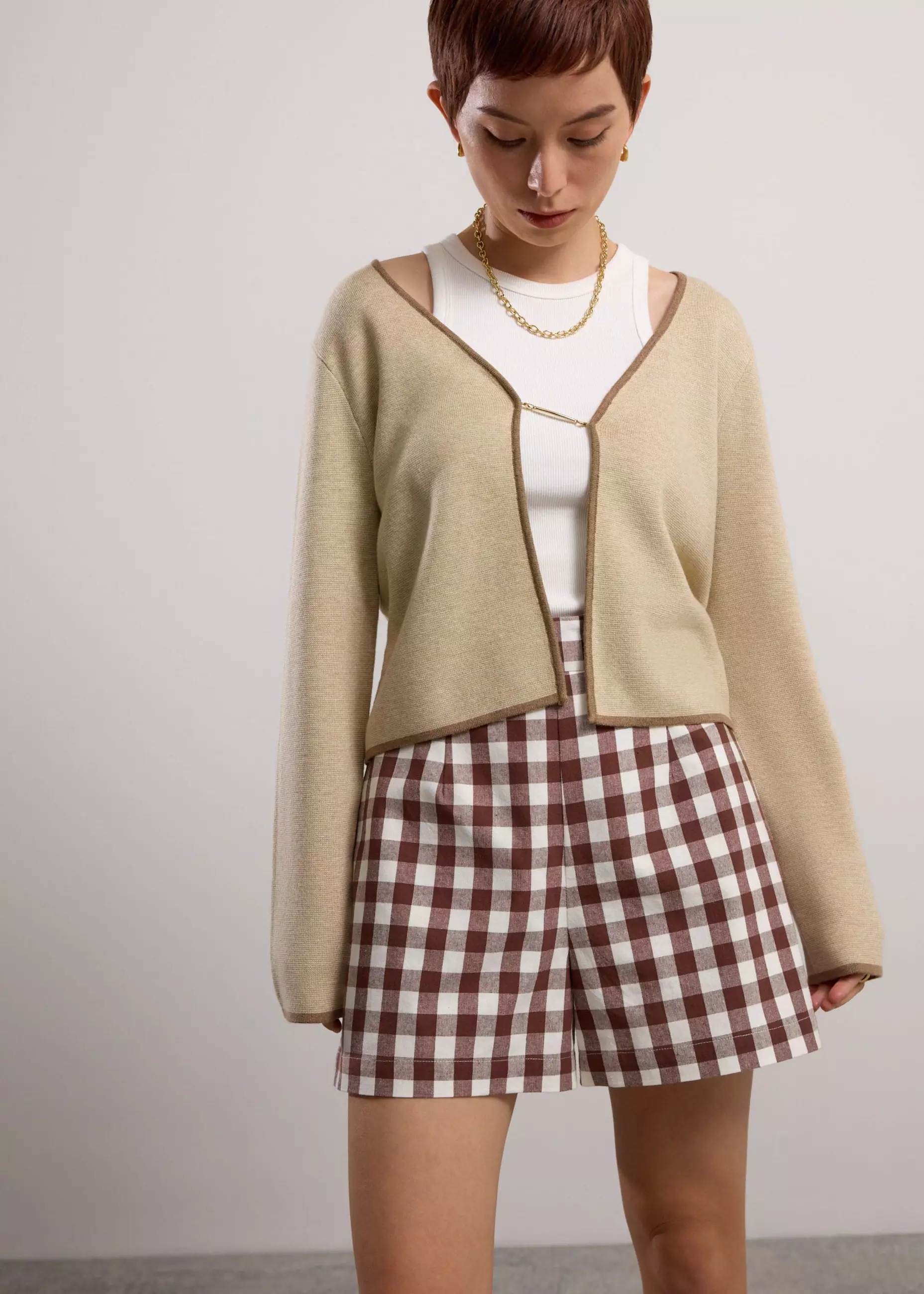 Cardigan Wanita - Relaxed Contrast Piping Knit Metal Clasp Cardigan