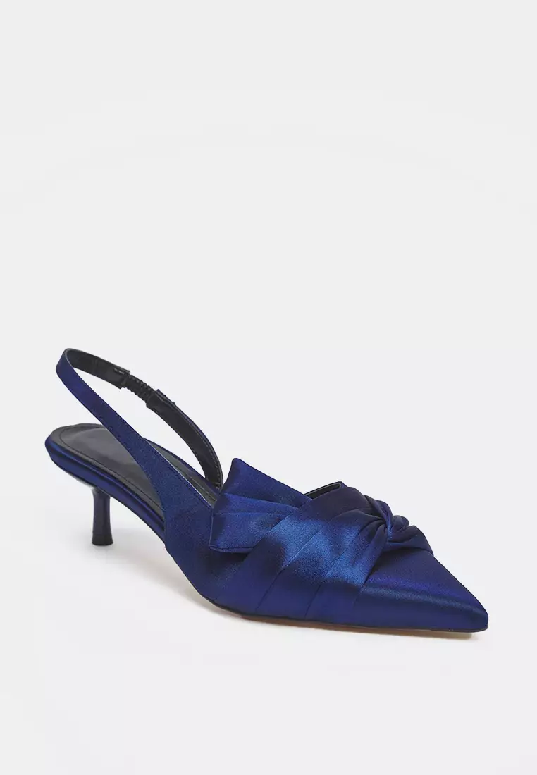 Navy Blue Satin Knot Detail Pointed Toe Women's Kitten Heels Shoes Takss25To00104
