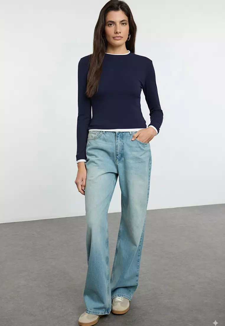 Navy Blue Color Block Fitted/Body-Smoothing Viscose/Soft Fabric Flexible Knitted Blouse Twoaw25Bz00114