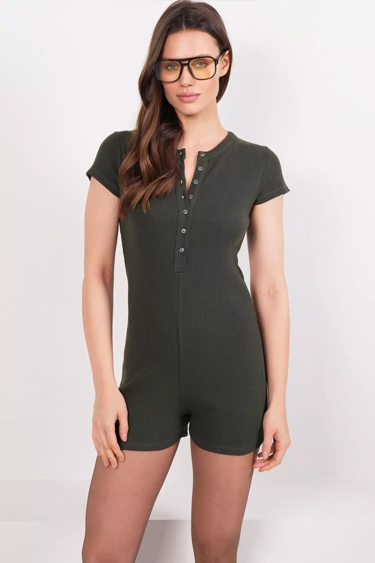 Khaki Crew Neck Ribbed Short Sleeve Jumpsuit Romper Pjm-X13914
