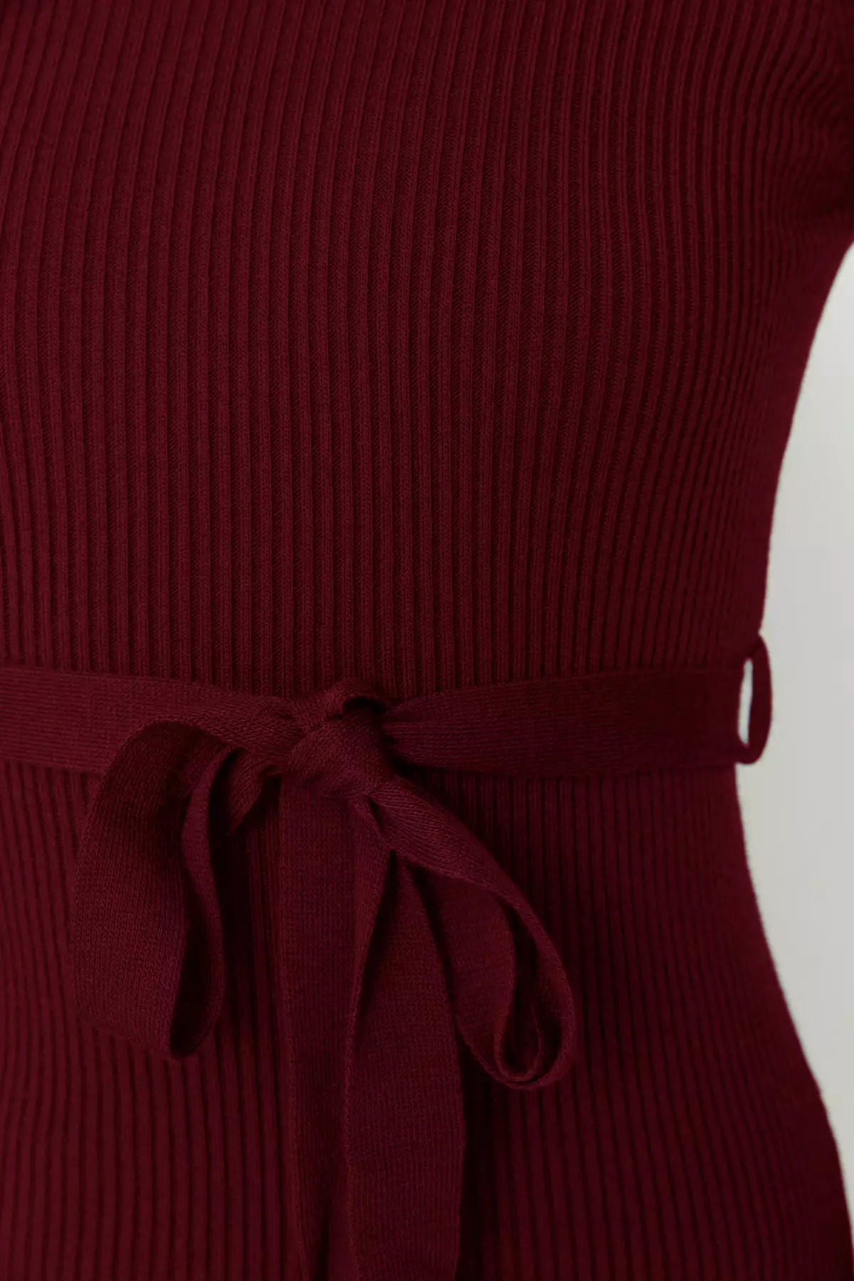 Burgundy Midi Knitwear Belt Detailed Dress