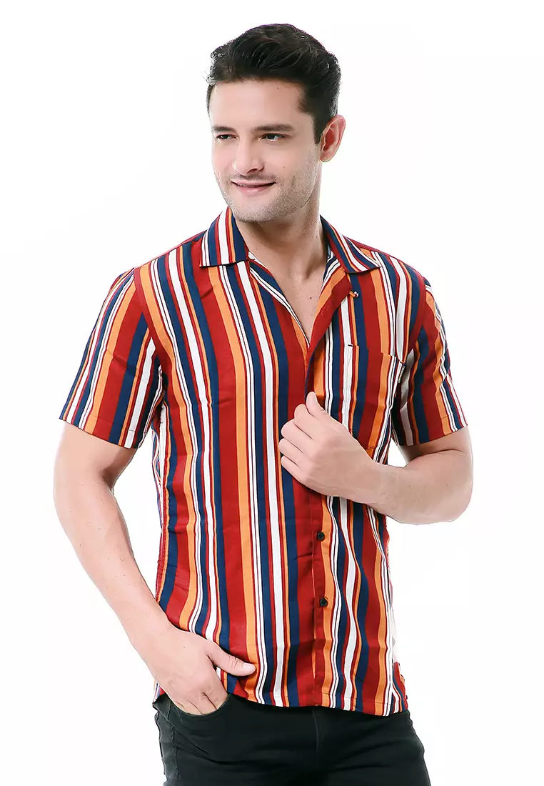 Leopold Atasan Pria Kemeja Motif Salur Lengan Pendek Material Cotton ORIGINAL - Maroon Yellow