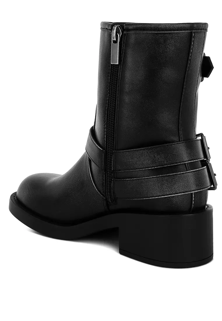 Harness Detail Biker Boots in Black