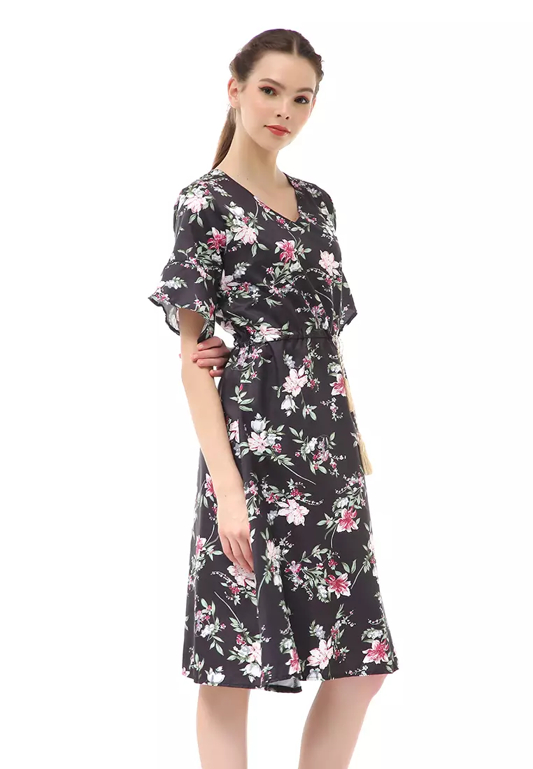 Rachel Midi Dress Wanita Karet Pinggang Short Sleeve Floral Motif Material Polyester ORIGINAL - Black