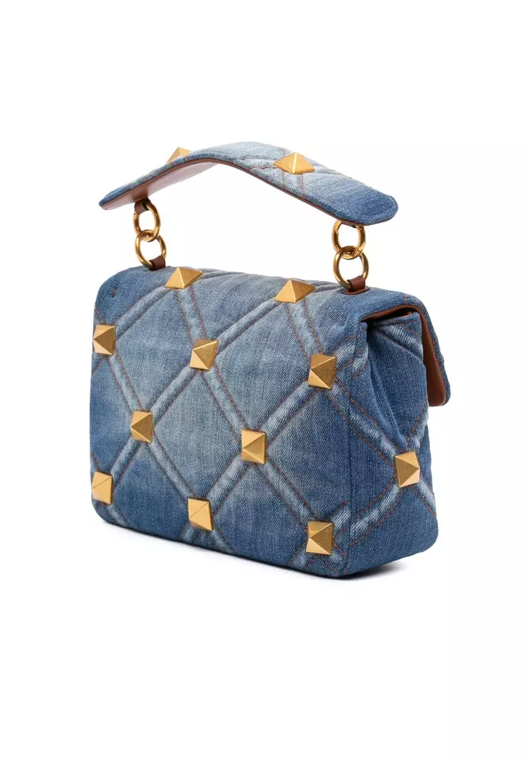 Pre-Loved Valentino Medium Denim Roman Stud Satchel