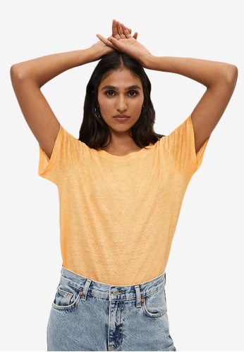Mango 橘色 Short-Sleeved Linen T-Shirt D1584AA08FE9ACGS_1
