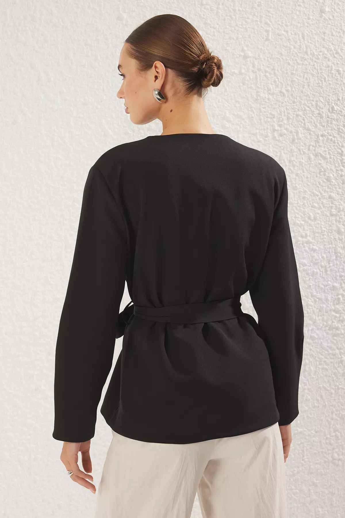 Black Double Breasted Tie Detail Woven Blazer Jacket TWOSS25BC00031