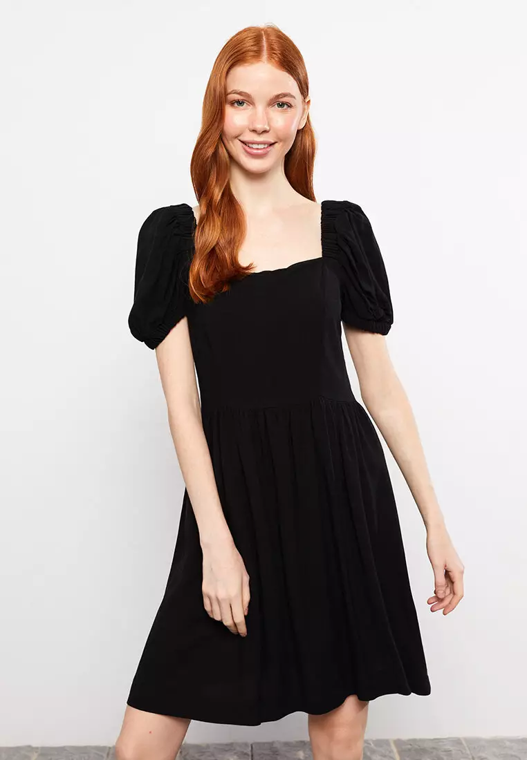 2024 Black Short Sleeve Sqaure Collar Long Dress Women Fashion