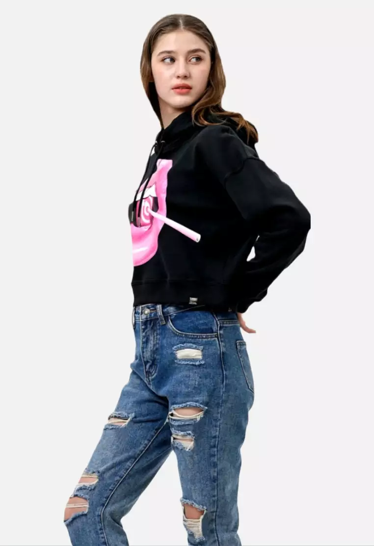 TONIQUE Hoodie Wanita Crop Katun Hitam LOLLY Women's Regular Fit Cotton Crop Hoodie Black