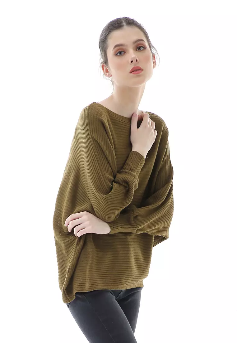 Eveline Sweater Rajut Batwing Atasan Wanita Motif Polos High Quality - Bronze