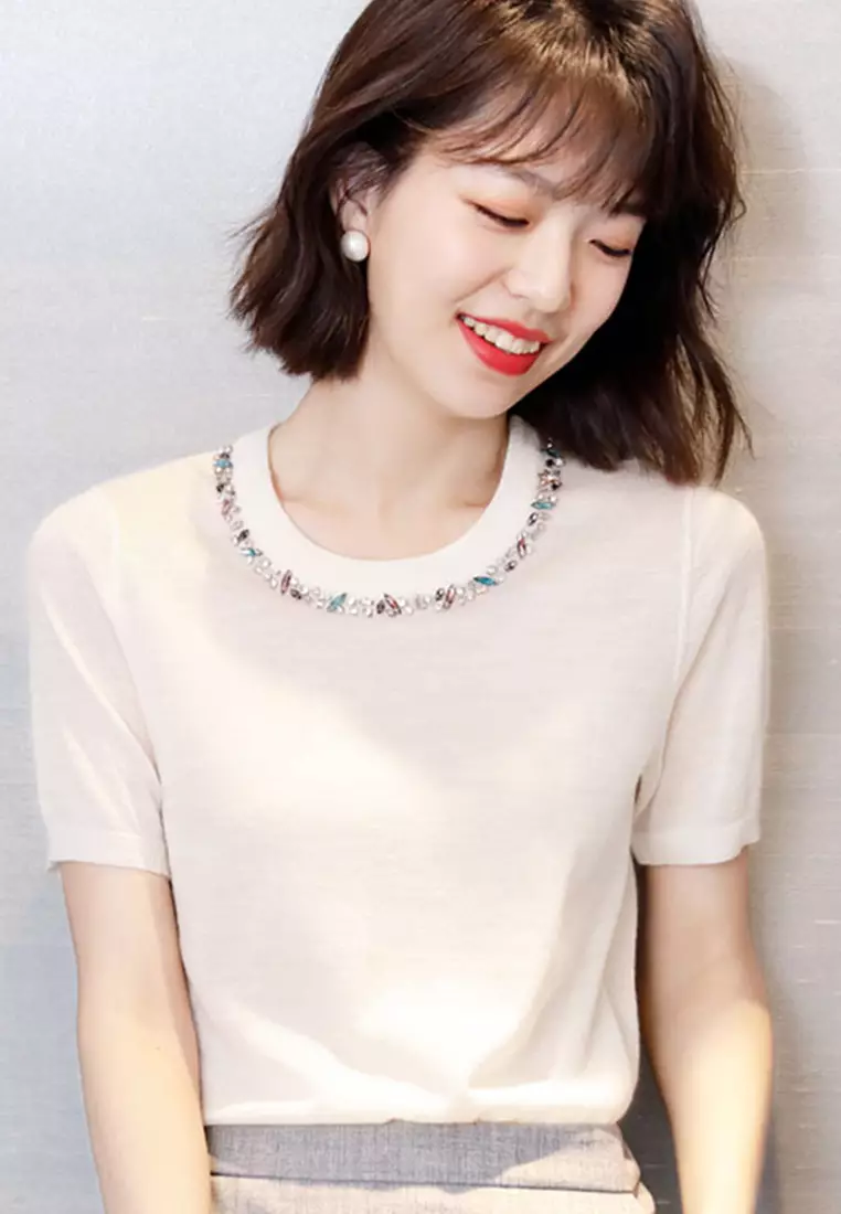 Korean Style Woolen Beaded Ultra-Thin Top A21031903W