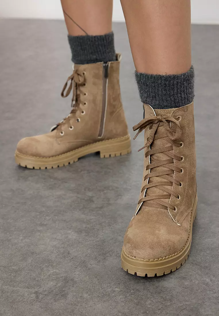 Mink Suede Lace-Up And Zip-Up Short Flat Women's Boots Takaw25Bo00026