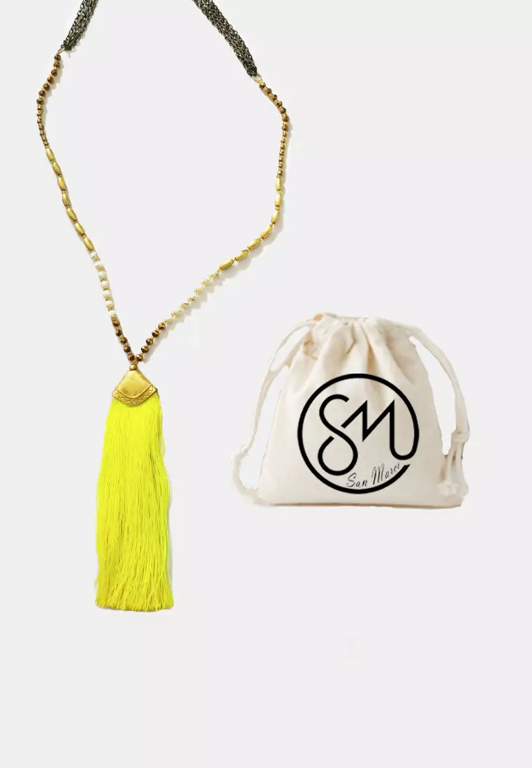 Aksesoris Kalung Wanita Tassels & Beads  Long Necklace Kalung Wanita Panjang Gold, White & Neon Yellow