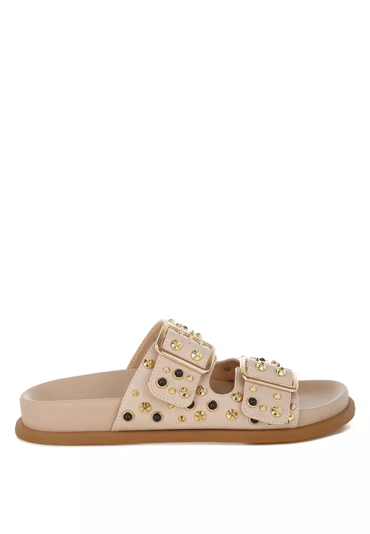 Discount on London Rag  shoes - SKU: Metallic Stud Embellished Sliders In Beige