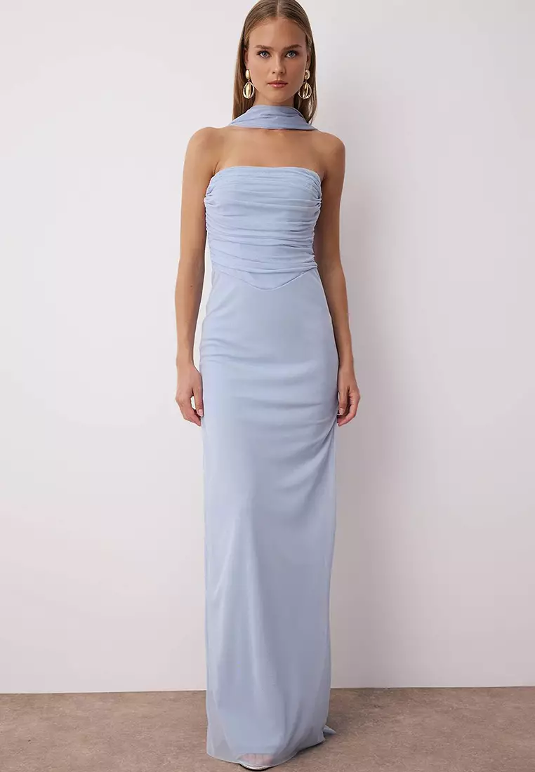 Buy Trendyol Light Blue Tulle Knitted Maxi Evening Dress With Scarf Evening  Homecoming Dress 2026 Online | ZALORA
