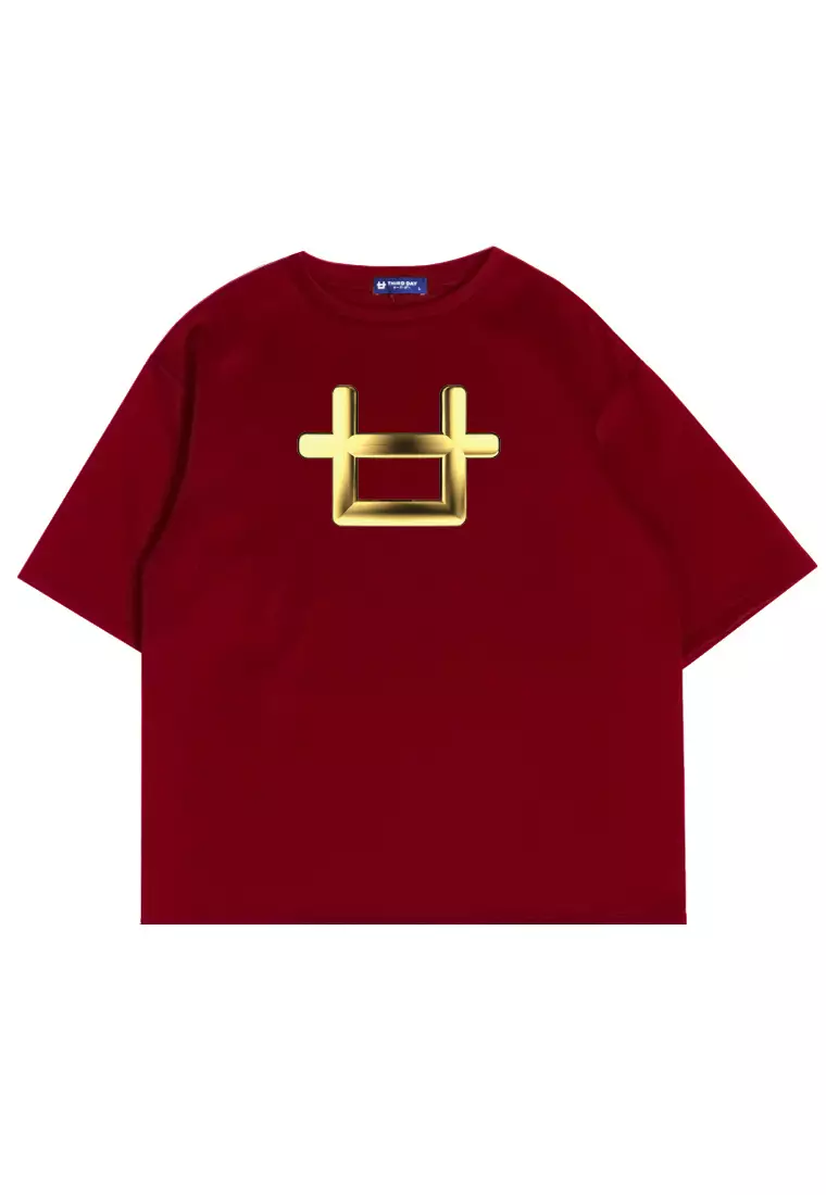 MTP36 kaos oversize aesthetic unik 3d gold plate third day logo bahan scuba tebal merah maroon