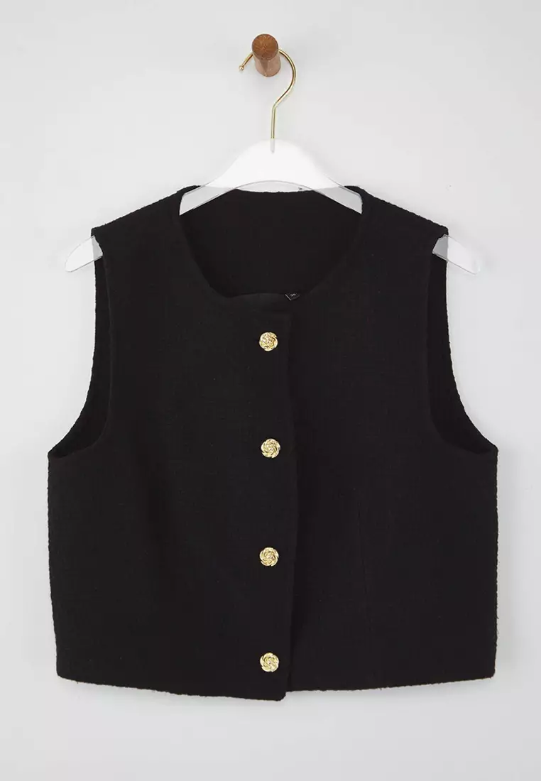 Black Accessory Buttoned Woven Tweed Vest Twoaw26Ye00019