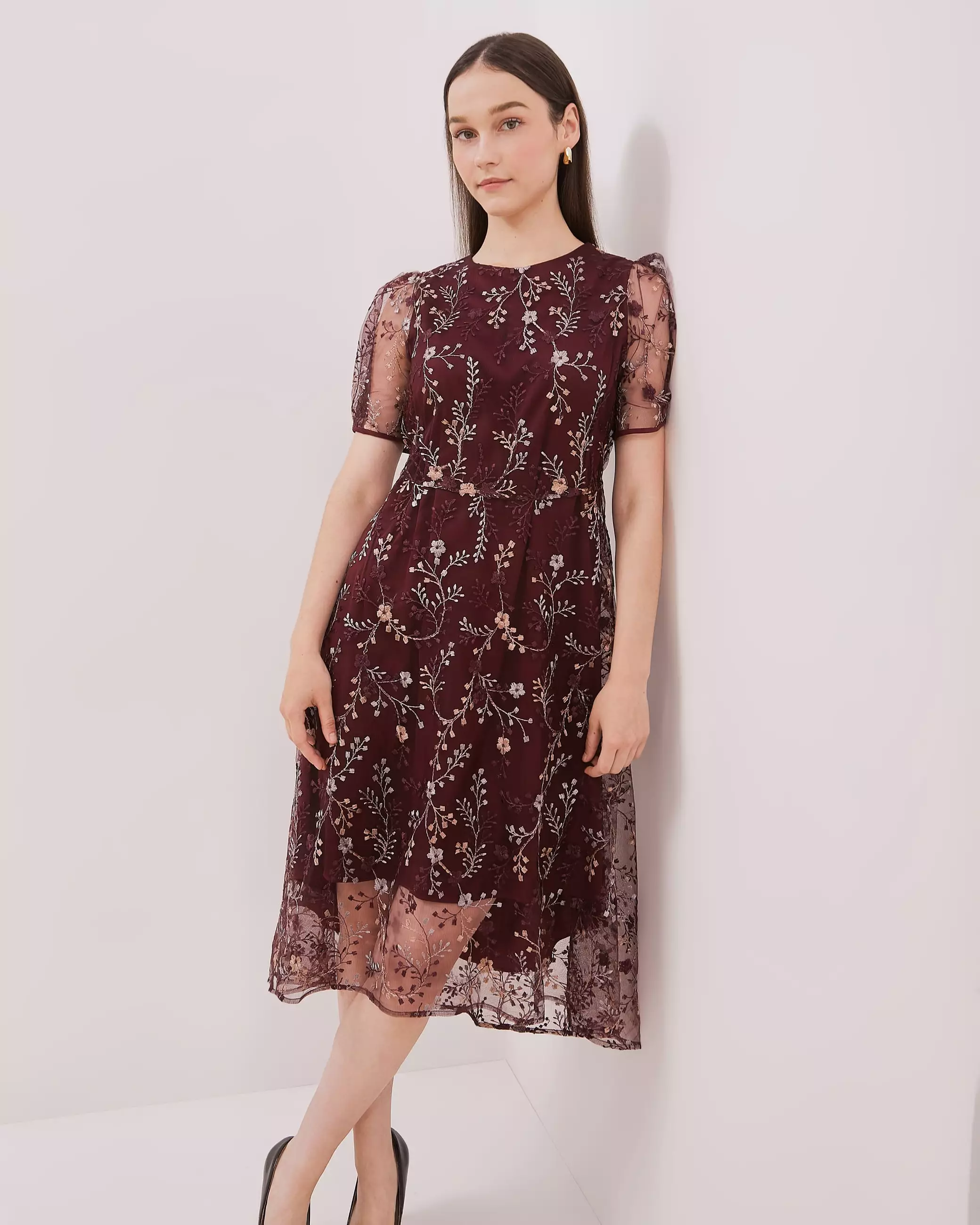 Urban Exchange Noella Burgundy Dress / Midi Dress Brokat Dress Natal Warna Burgundy
