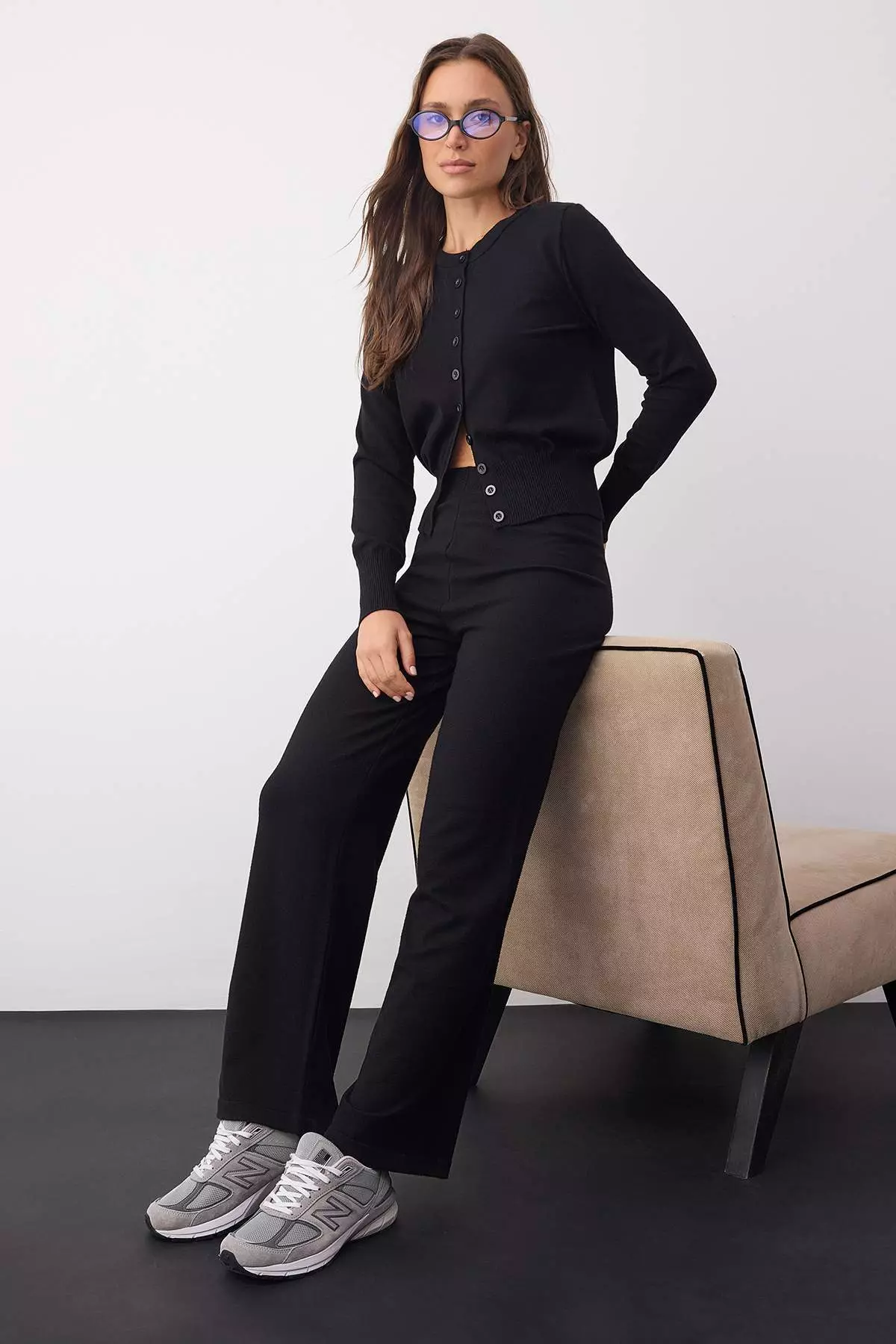 Wardrobe Essentials Black Mercerized Look Knitwear Cardigan-Pants Top-Bottom Set | Twoaw26Au00003