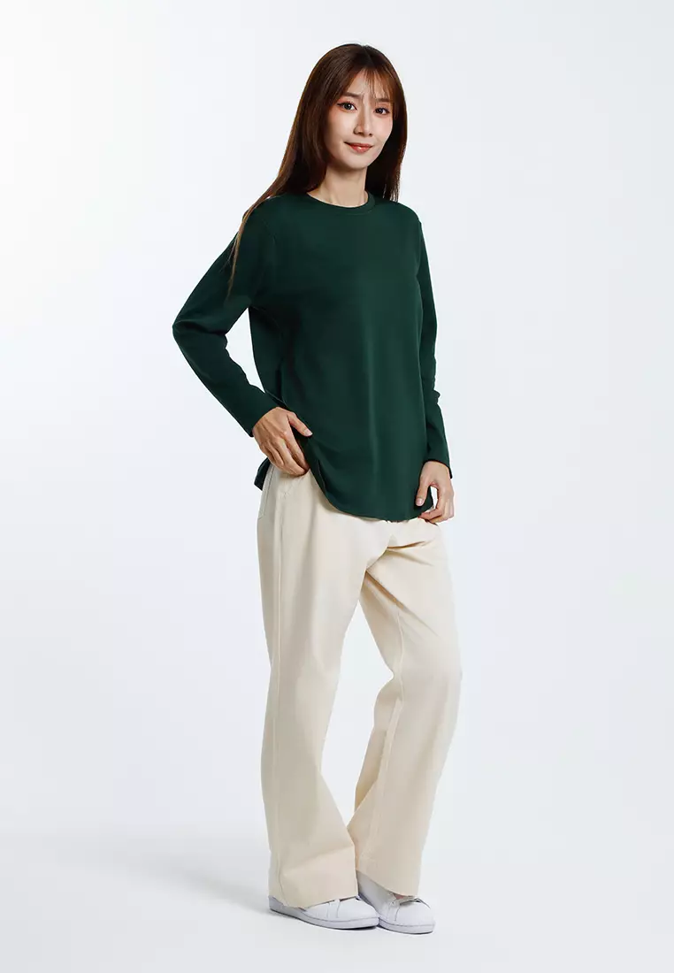 Forest Ladies Cotton Interlock Round Neck T-Shirt Women Plain Long Sleeve Tee - 822423-40DkGreen