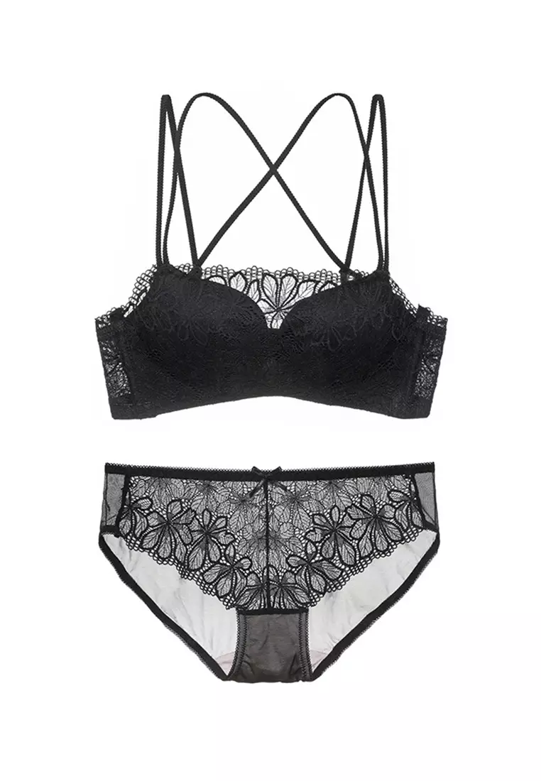 Buy ZITIQUE Women's Floral-embroidered Cross-back Double Thin Straps Lingerie  Set (Bra and Underwear) - Black 2024 Online