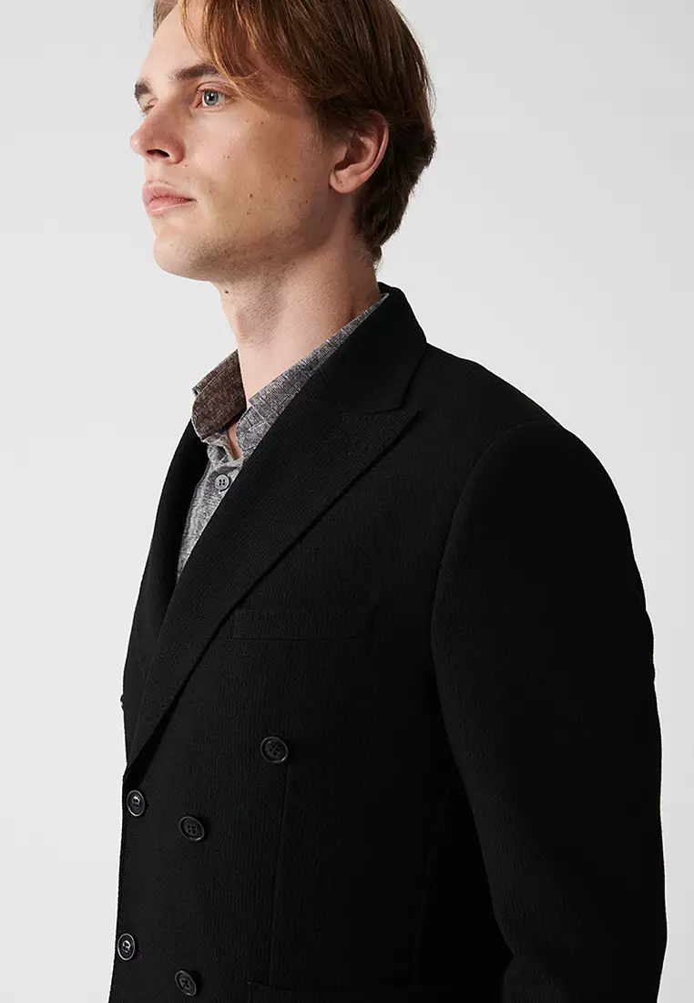 Men's Black Swallow Collar Unlined Double Breasted Closure Jacket A32Y4052