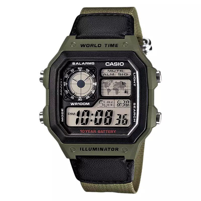 Jam Tangan Pria Digital Casio Standard AE-1200WHB-3BVDF AE1200 AE-1200WH 10 Years Battery Lifetime Green Fabric Band